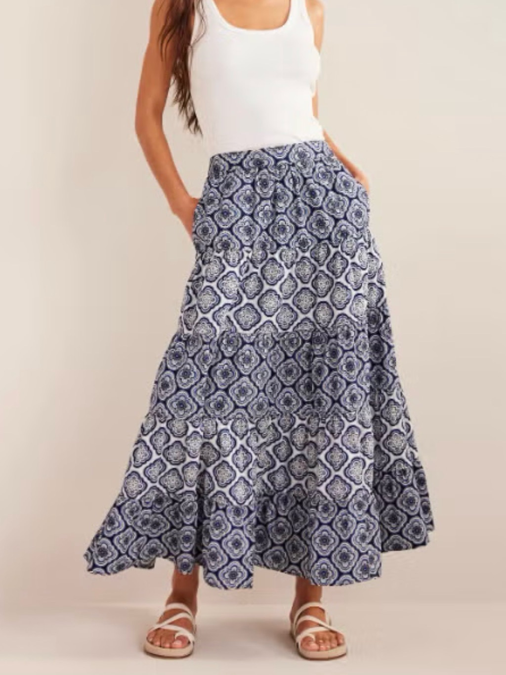 Boden Tiered Poplin Maxi Skirt: Heavenly Blue, Botanic Blush Pattern 8